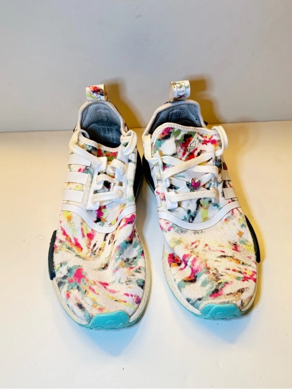 adidas Women's Floral Knit White Sneakers with Teal Soles